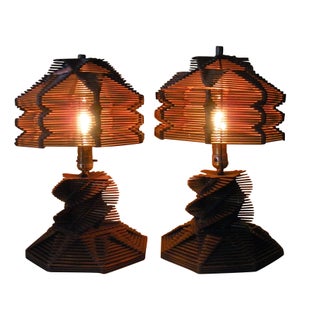 Folk Tramp Art Popsicle Stick Lamps - A Pair For Sale