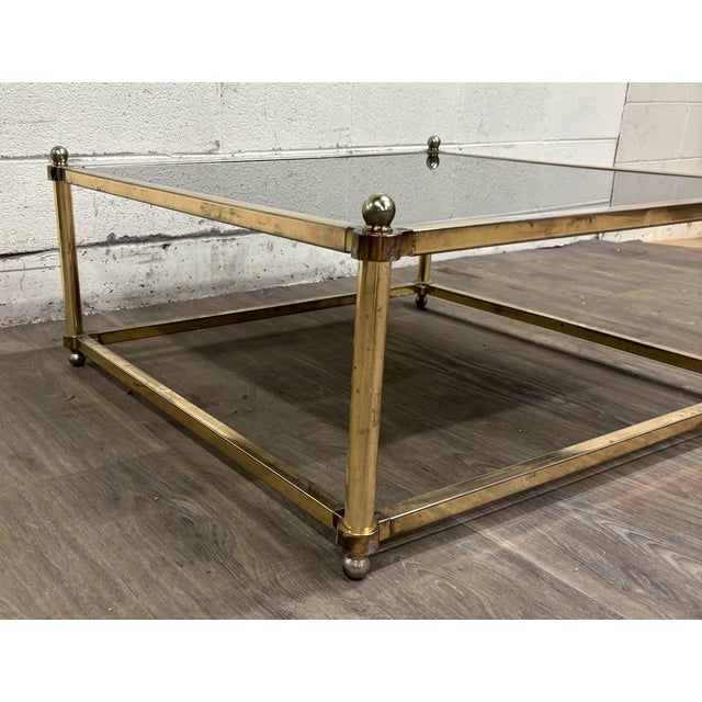 Hollywood Regency Vintage Maison Jansen Style Hollywood Regency Smoke Glass Top Brass Coffee Table For Sale - Image 3 of 7