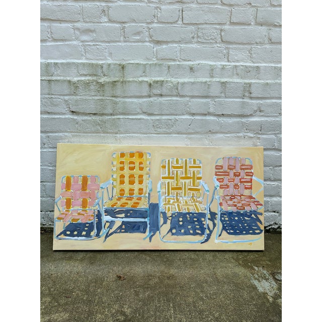 "Seats in the Sand" is an original oil painting by Lori Baccanari, featuring a summery palette of buttery yellows, dusty...