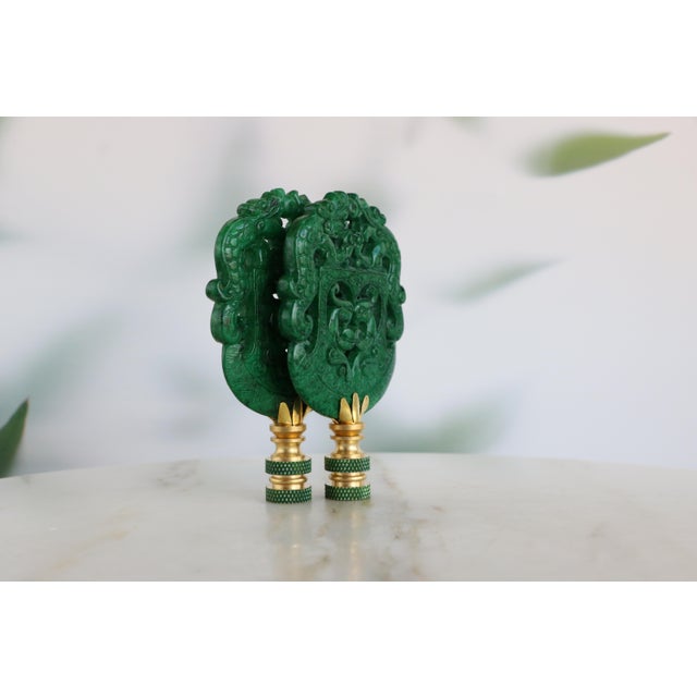 Metal Chinese Archaic Style Carved Stone Lamp Finials on Brass Hardware - A Matching Pair For Sale - Image 7 of 9