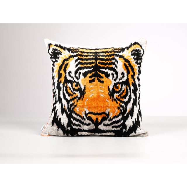 Brown Tiger Silk Velvet Ikat Pillow Cover, Handwoven Luxury Cushion, Boho Home Decor, Unique Throw Pillow, Uzbek Textile For Sale - Image 8 of 9