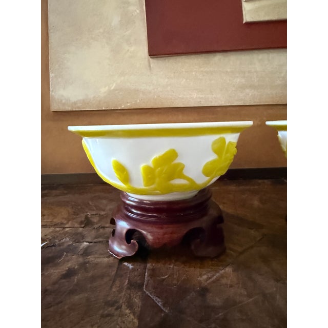 Chinoiserie Set of Two Mid Century Peking Glass Bowls, Yellow Overlay Glass, Asian Decorative Art Glass For Sale - Image 3 of 9