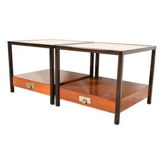 Michael Taylor for Baker Furniture Mid-Century Hollywood Regency Cherry Wood Nightstands or End Tables, Pair For Sale