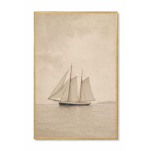 A refined coastal study featuring a classic sailboat drifting across a calm horizon, rendered with soft tonal variation...