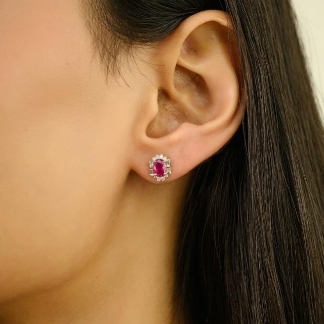 Mozambique Oval Ruby Diamond Halo Stud Earrings in 14k White Gold- 2 Pieces For Sale - Image 4 of 11
