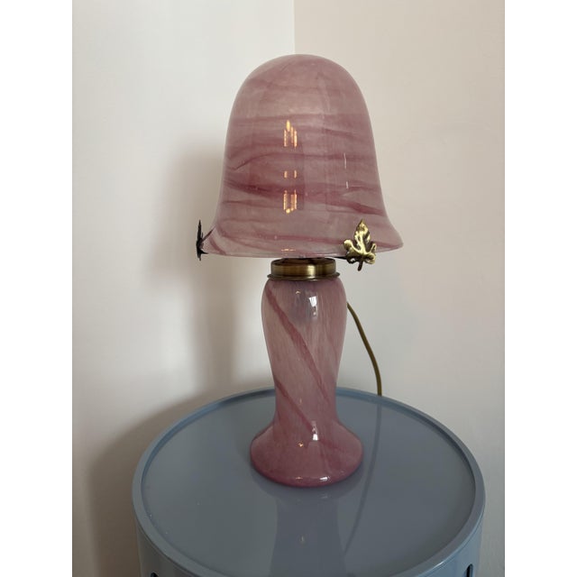 Vintage Pink Glass Table Lamp Mushroom Lampshade and Blown Glass Base, 1950s For Sale - Image 4 of 10