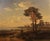 This original 19th-century oil painting presents a wide and atmospheric Romantic landscape with figures, a tranquil lake,...