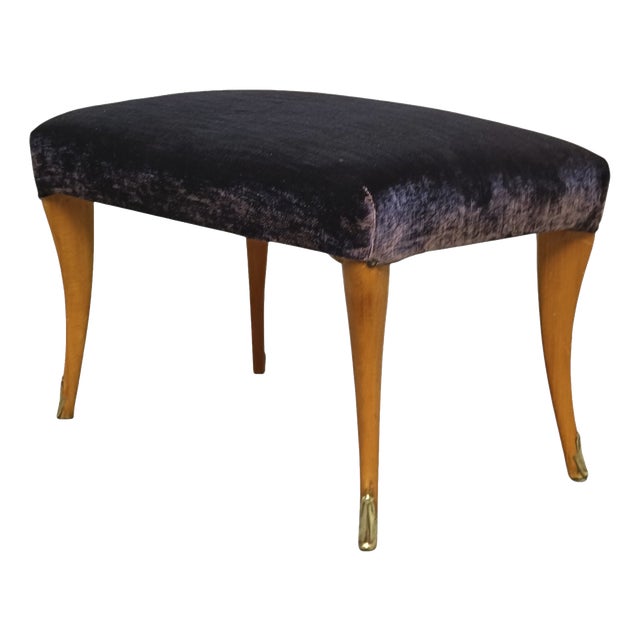 Velvet Stool with Shaped Legs and Brass End Caps, Italy, 1950s For Sale