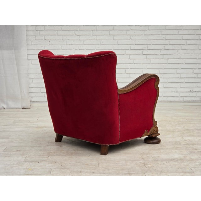 Danish Relax Armchair in Furniture Velour and Carved Oak Wood, 1950s For Sale - Image 6 of 18