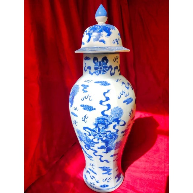 Final Clearance 19th Century 24" Shishi Qilin Blue and White Temple Urn Tribute - 24" For Sale - Image 12 of 18