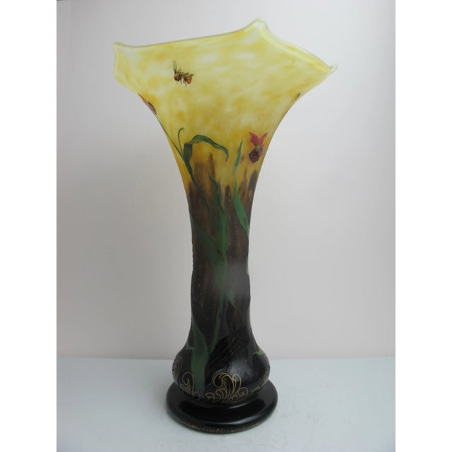 Art Nouveau Antique Daum Nancy Etched Enamel Orchid & Insect Vase 12.75" Tall Art Glass Vase For Sale - Image 3 of 9
