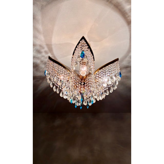1960s Mid-Century Modern Crystal Chandelier With Aqua Blue Drops - Solid Brass Leaf Design Lighting - Rewired & Working⁠ For Sale - Image 4 of 18