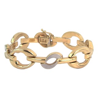 Mid 20th Century Wide Fancy 14k Two Tone Gold Link Bracelet For Sale
