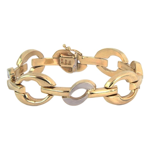 Mid 20th Century Wide Fancy 14k Two Tone Gold Link Bracelet For Sale