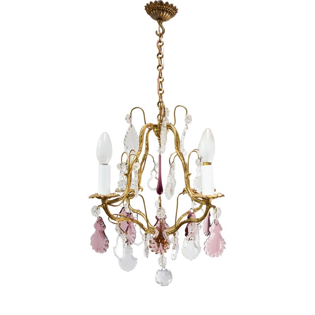 French Bronze Chandelier with Violet Crystals, 1970s For Sale
