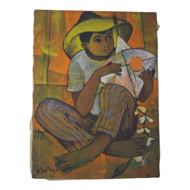 1950s Roger San Miguel Figurative Orange and Yellow Original Oil Painting For Sale