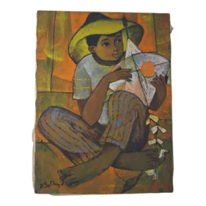 1950s Roger San Miguel Figurative Orange and Yellow Original Oil Painting