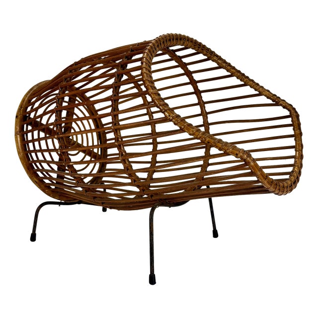 Mid-Century Italian Wicker Tube Magazine Rack or Basket, 1960s For Sale