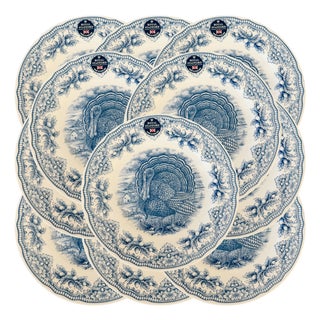 English Blue & White Transferware Turkey Thanksgiving Dinner Plates - Set of 12 For Sale