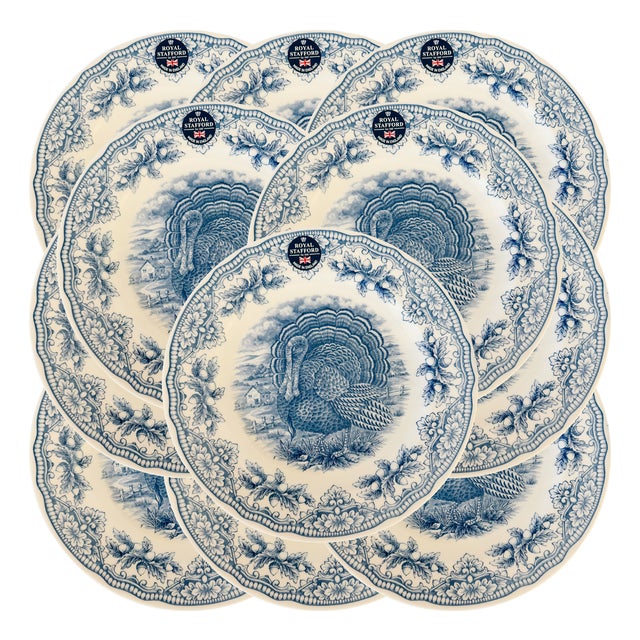 English Blue & White Transferware Turkey Thanksgiving Dinner Plates - Set of 12 For Sale