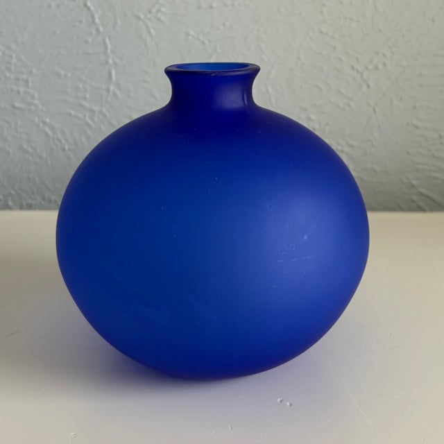 Late 20th Century Cobalt Blue Frosted Glass Vase & Bottle With Ball Stopper For Sale - Image 5 of 6