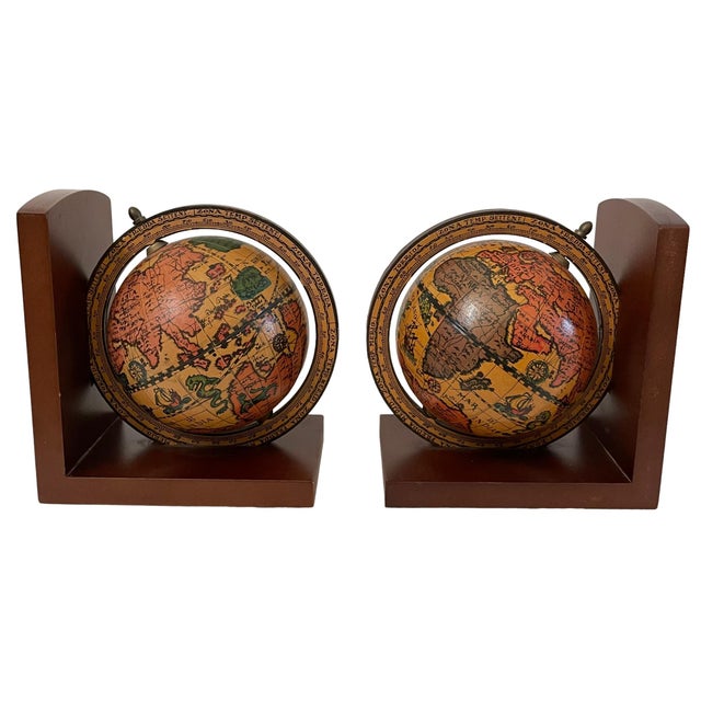 Vintage Old World Globes Wooden Bookends Globe Rotates Made in Italy Chairish