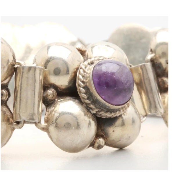 Mid 20th Century Mexico Sterling Silver Amethyst Cabochon Bracelet For Sale In West Palm - Image 6 of 11