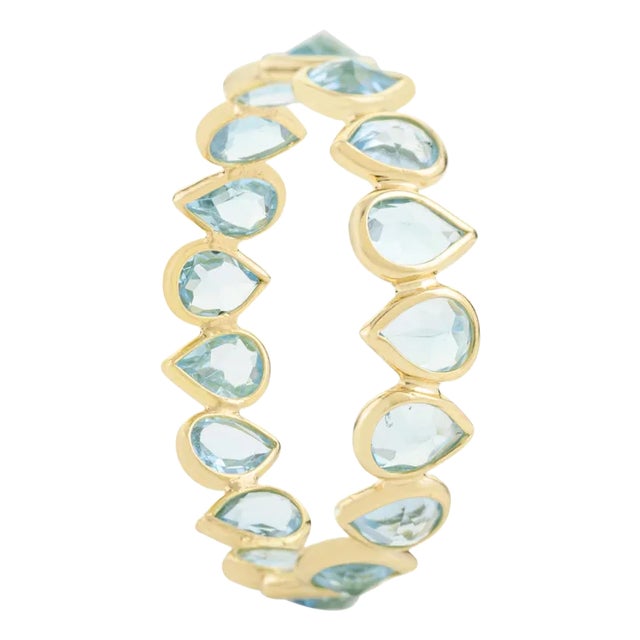 18k Solid Gold Pear Cut Blue Topaz Stackable Eternity Band Ring Size 5 For Sale