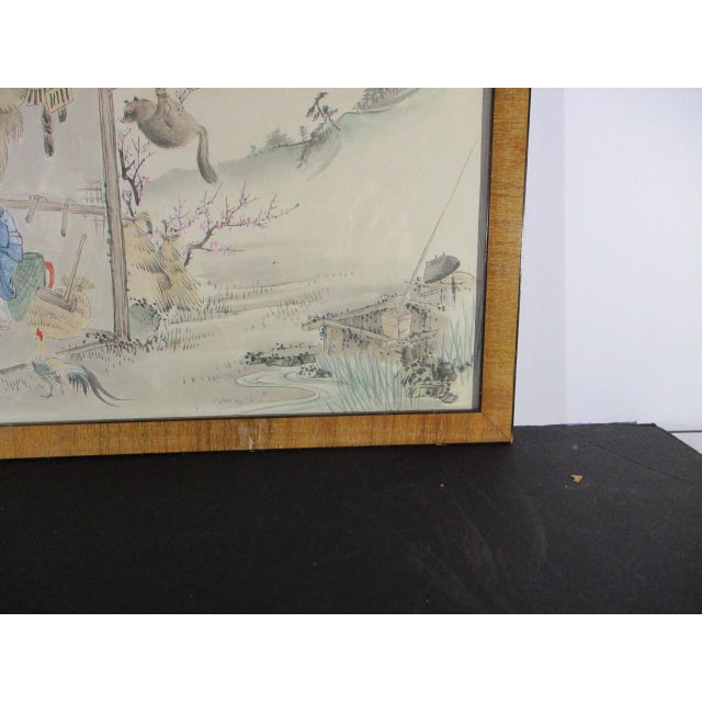 Framed and glazed watercolor drawing from Japan. Scene of Japanese folklore with small drama from Japanese cultural...