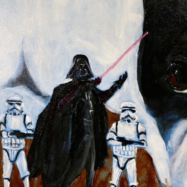 Textile Framed Boston Terrier Dog Portrait With Star Wars Figurines Oil Painting For Sale - Image 7 of 11