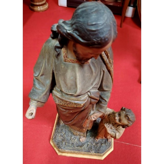 Large Religious Statue of Saint Joseph and the Baby Jesus in Polychrome Terracotta and Gilded Wood For Sale - Image 3 of 11