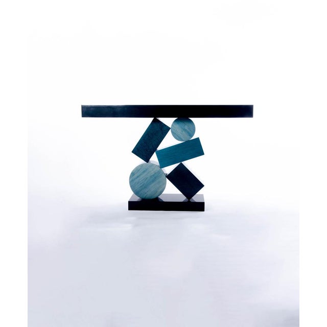 Wood Equilibre Console in Blue and Black Tinded Marquetry by Aymeric Lefort For Sale - Image 7 of 18