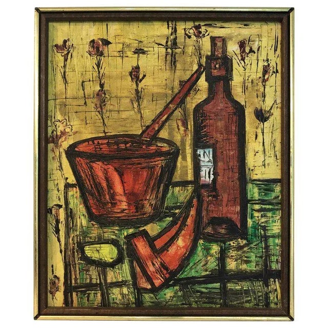 Yellow 1960s French School Still Life in the Manner of Bernard Buffet For Sale - Image 8 of 8