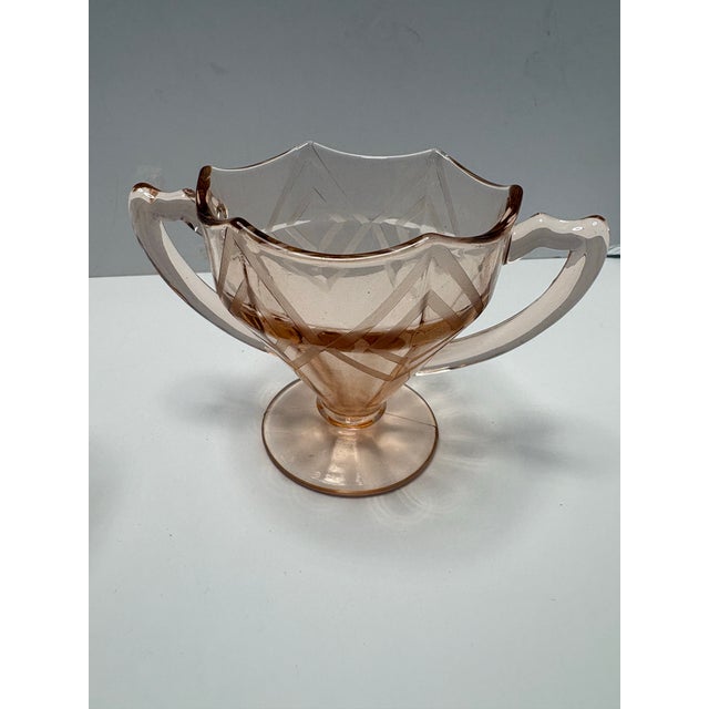 Early 20th Century Art Deco Pink Etched Glass Cream and Sugar Set, Cambridge Style, C. 1930s - a Pair For Sale - Image 5 of 10