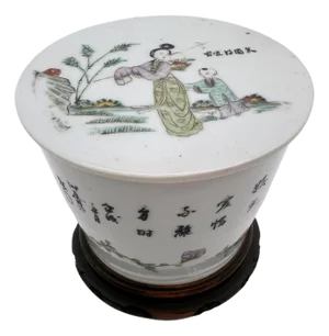 Republic Chinese Famille Rose Porcelain Covered Jar, with Calligraphy & Figures