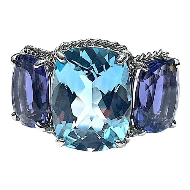 Christina Addison White Gold Blue Topaz and Iolite Three Stone Ring With Rope Twist Border For Sale