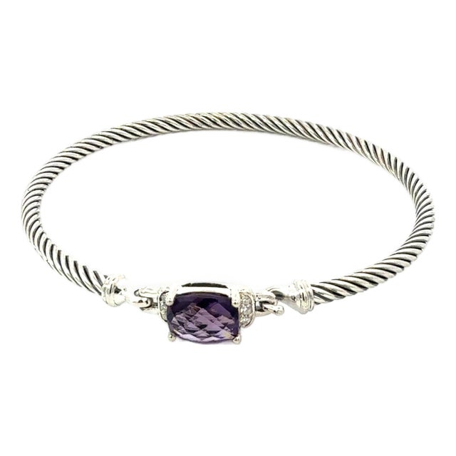 1990s David Yurman Diamond Amethyst Cuff Bracelet Size M 3 Mm Sterling Silver Estate For Sale