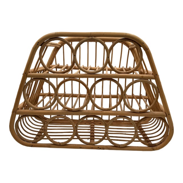 Mid 20th Century Boho Chic Texture Lombok Rattan Wine Rack Natural Hand-Woven 12 Bottle Holder For Sale