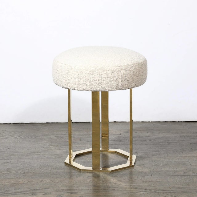 Mid-Century Modern Mid-Century Modernist Octagonal Polished Brass Base Stool in Holly Hunt Boucle For Sale - Image 3 of 10