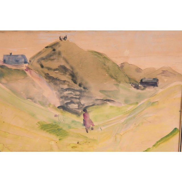 soft and poetic scandinavian landscape watercolor dated 1948. the composition features gentle earth tones, rolling...