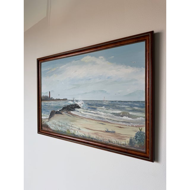 Vintage Cosman Coastal Lighthouse Impressionist Oil Painting on Masonite Board – Framed For Sale - Image 4 of 18