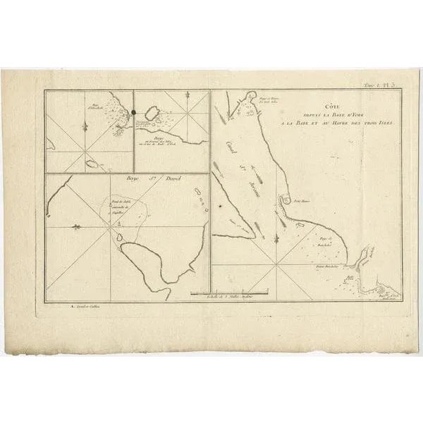 Antique map titled 'Côte depuis la Baye d'York (\.)'. Charts of York's Bay, Haven of the Three Islands, St. David's Bay,...