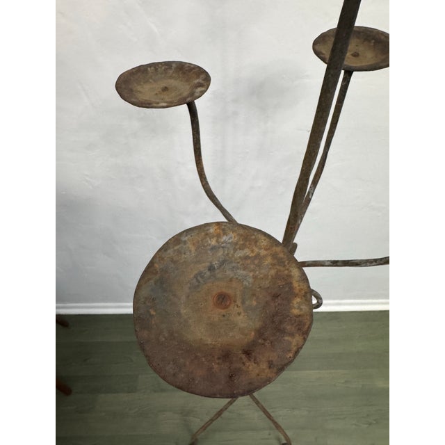 Brutalist Rustic Wrought Iron Floor Candelabra, Five-Light Hand-Forged Candle Stand, Mid-20th Century For Sale - Image 3 of 9
