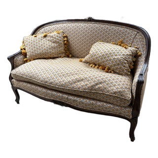 1960s Hollywood Regency Settee Upholstered in Two Textured Yellow Fabrics For Sale