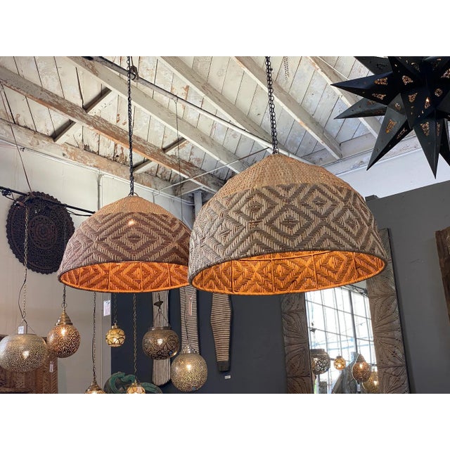 Wood Rattan Diamond Weave Tribal Pendant Light Large For Sale - Image 7 of 9