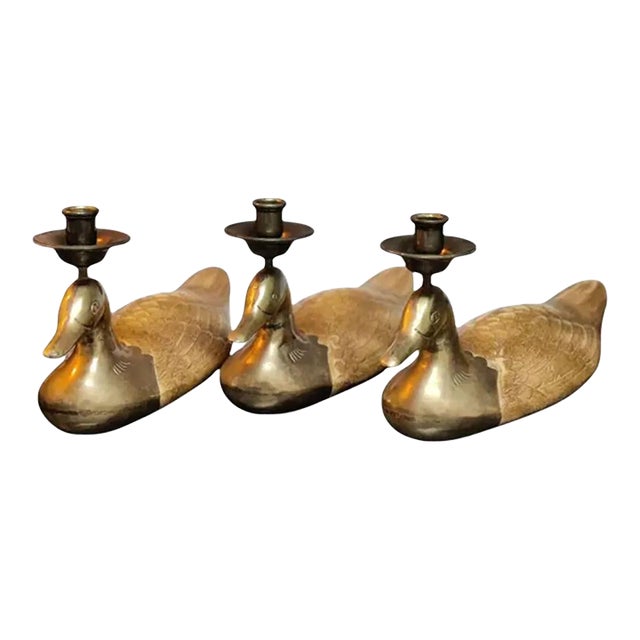 Chapman Manufacturing Company Set of Three Brass Mallard Candleholders For Sale