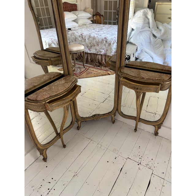 French French Louis XV Style Giltwood Triptych Dressing Mirror Vanity With Marble Consoles and Matching Stool For Sale - Image 3 of 12