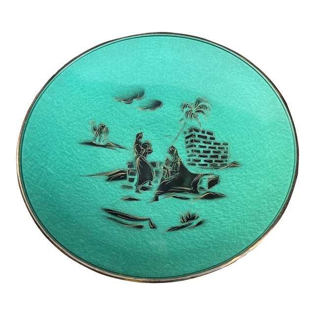 Large Vintage Asian Teal Hand Painted Decorative Tray For Sale