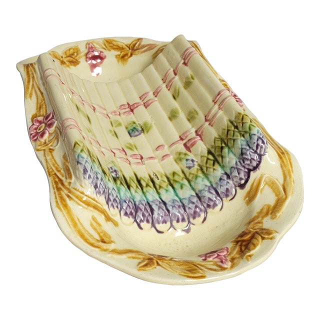 Circa 1900 French Majolica Asparagus Server With Hand-Painted Cradle & Floral Rim For Sale