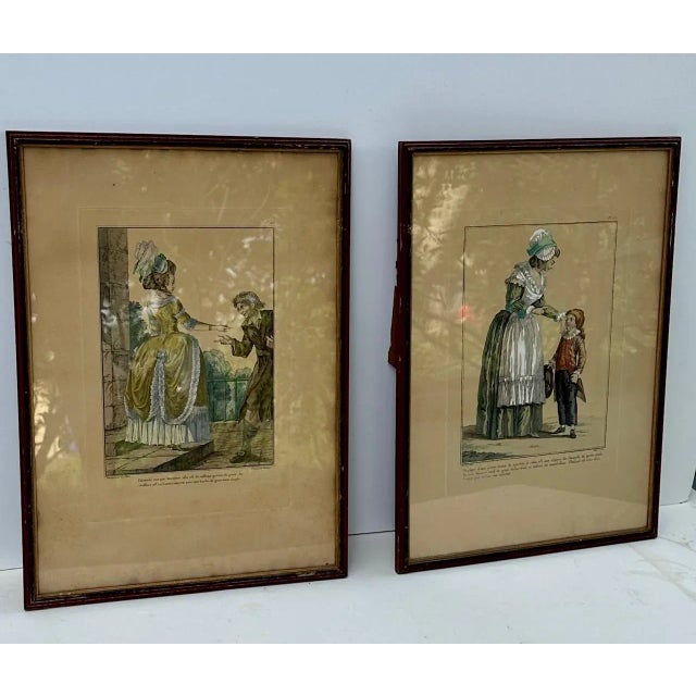Rare antique French fashion print hand colored published first in Paris, 1779. The compositions were based on the most...